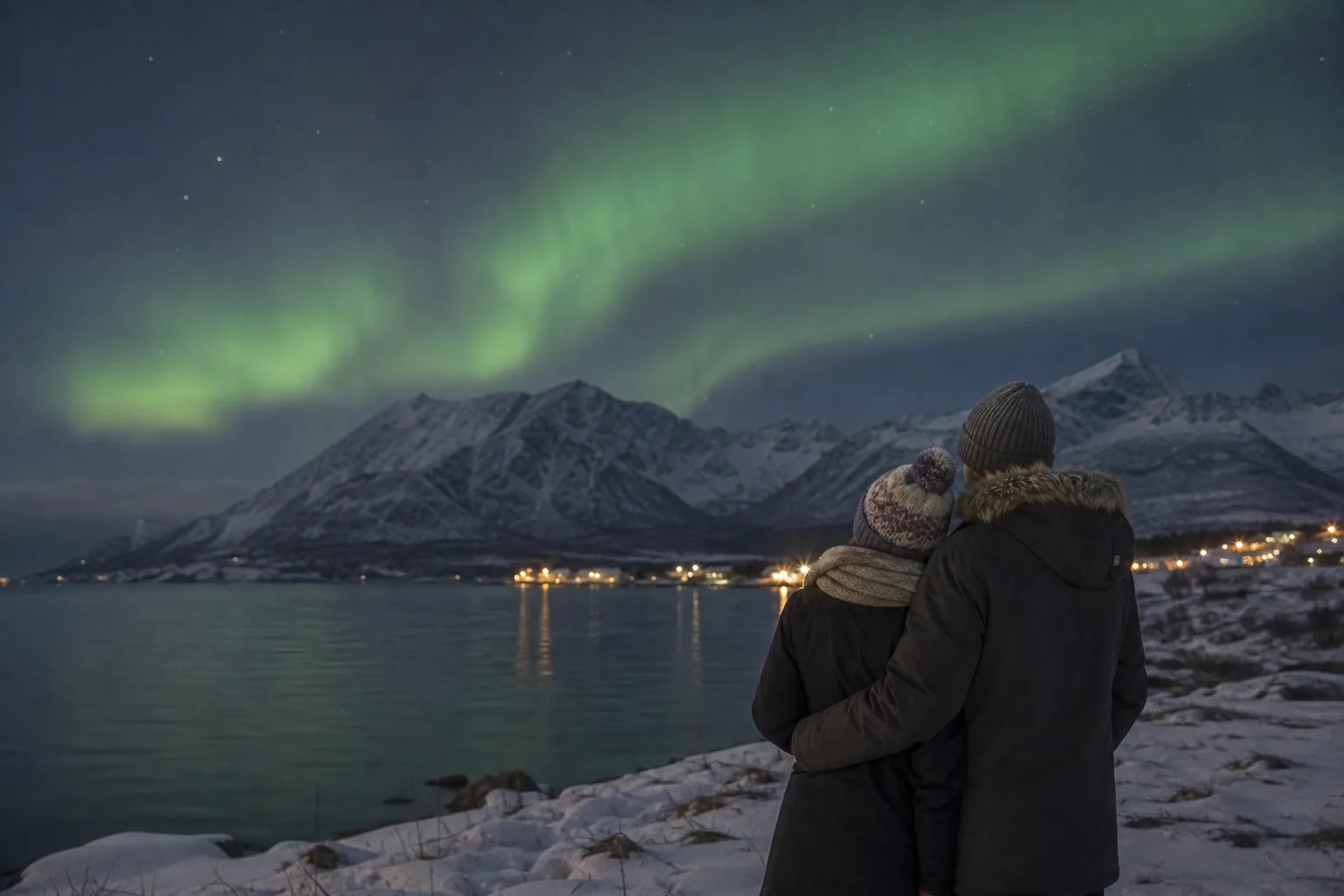 Ein Paar betrachtet bei Tromsø Polarlichter über verschneiten Bergen.