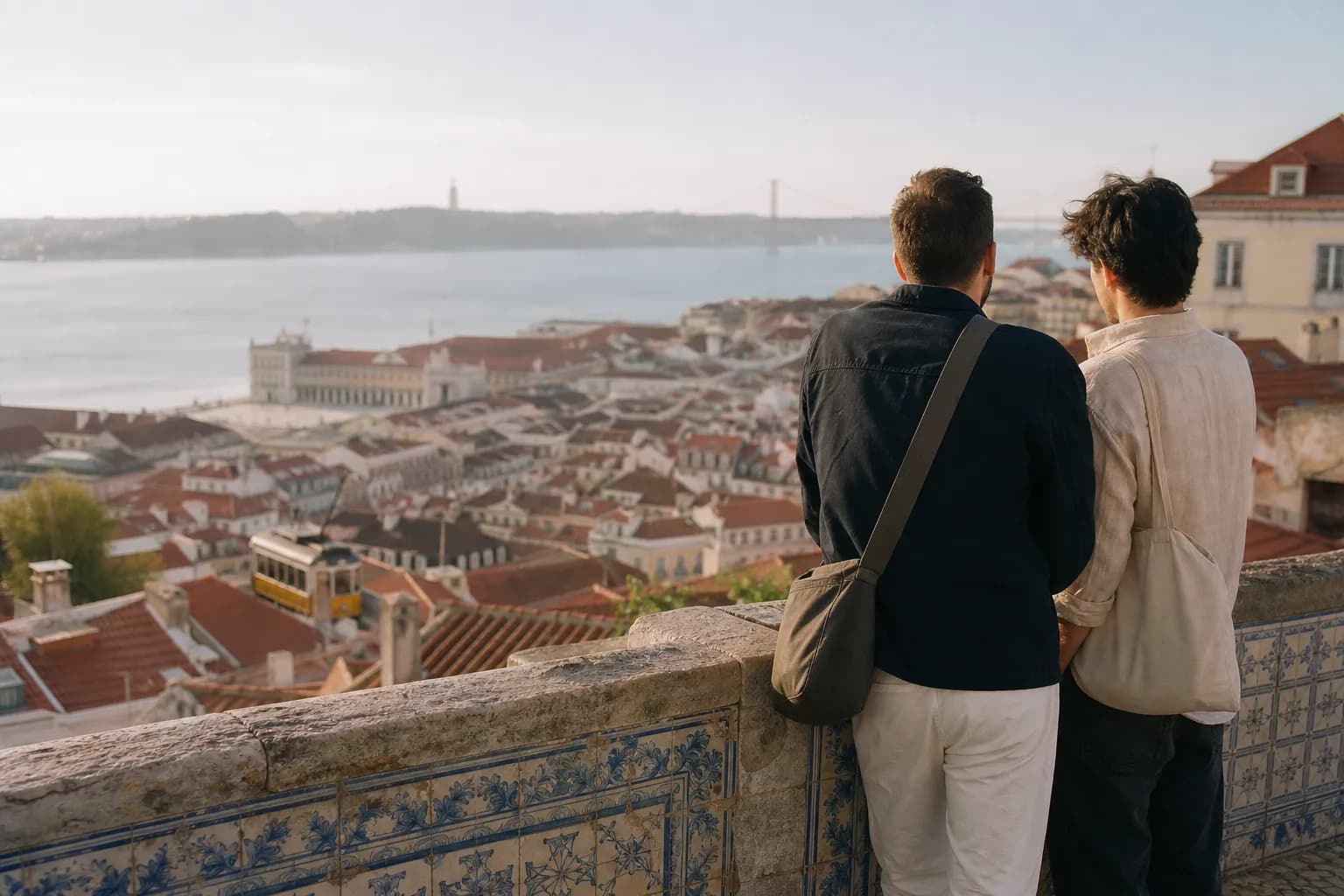 Zwei Reisende blicken von einem Aussichtspunkt über Lissabon und den Tejo.
